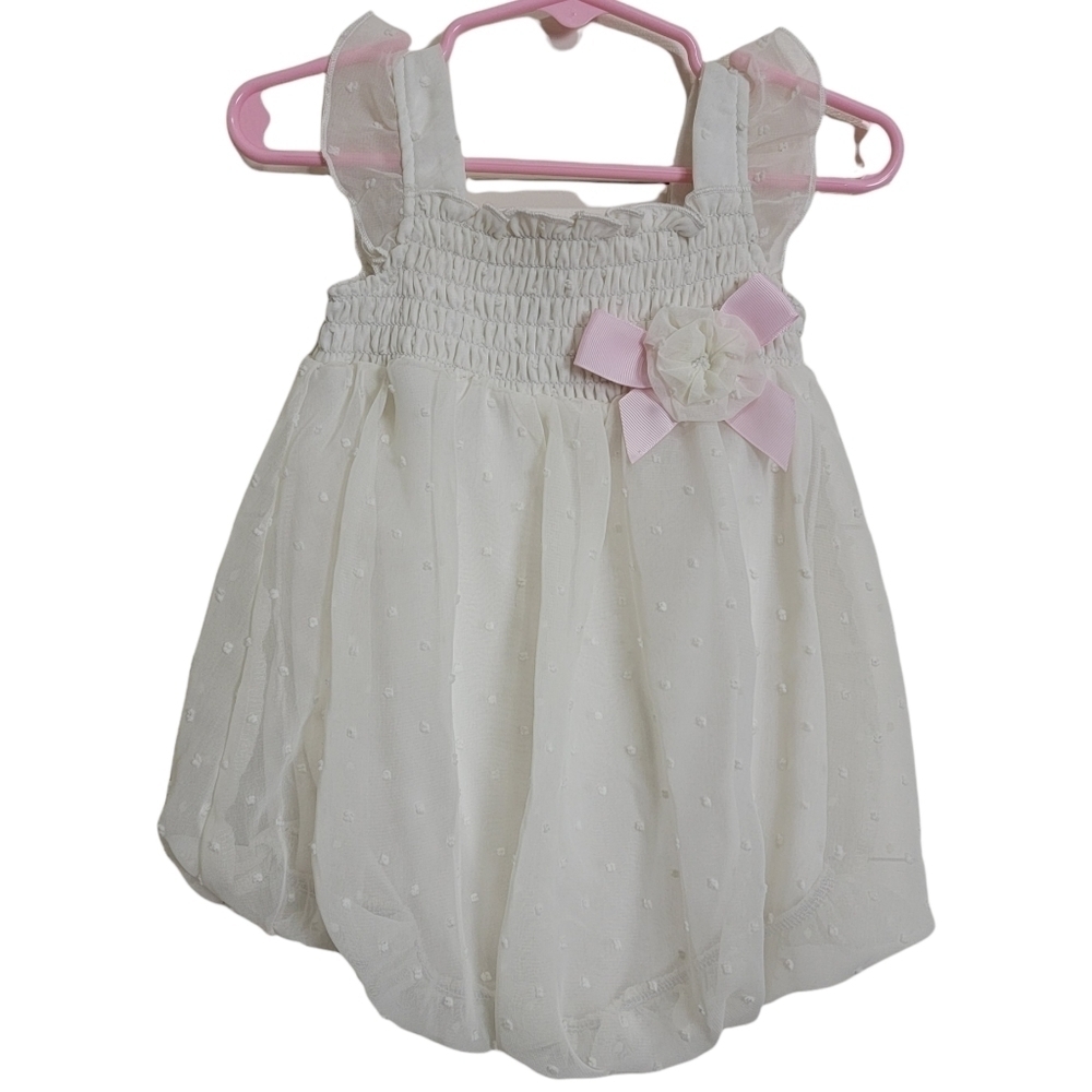 Baby Essentials Cream Swiss Dot Chiffon Onesie Snap Rosette Ruffle Dress 12M